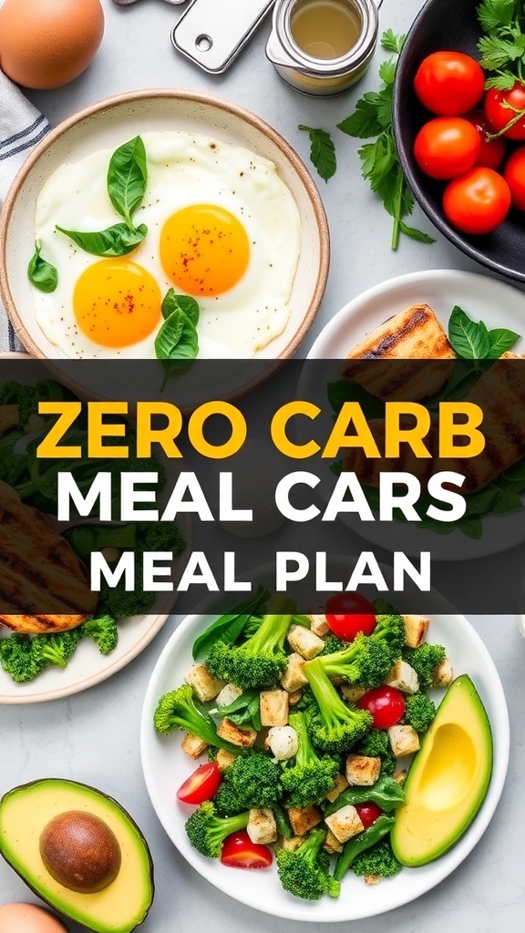 Zero Carb Weekly Meal Plan A zero carb meal plan layout with various dishes including eggs, chicken, and salads.
